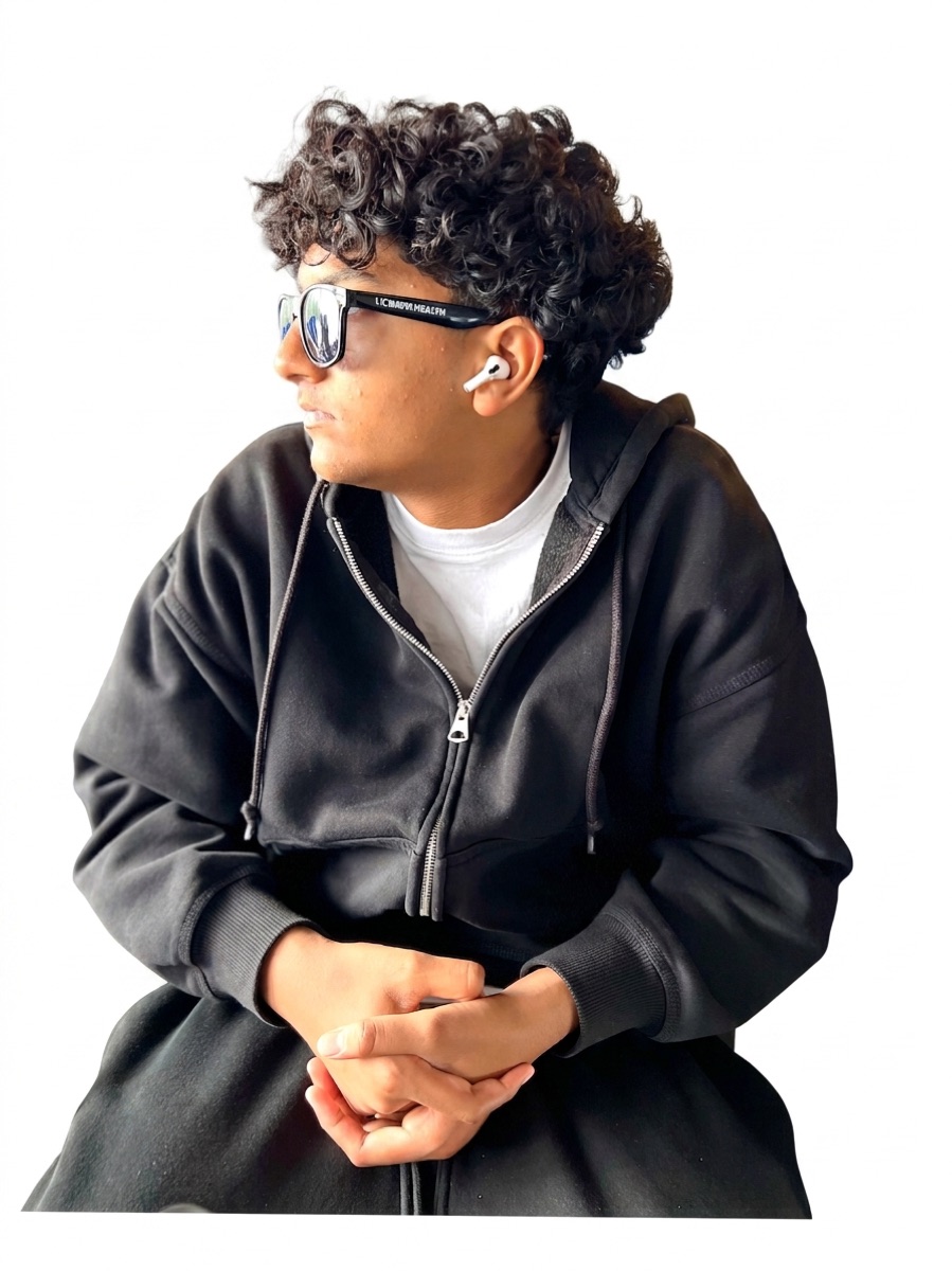 Ritham in sunglasses and a black hoodie, looking to the side